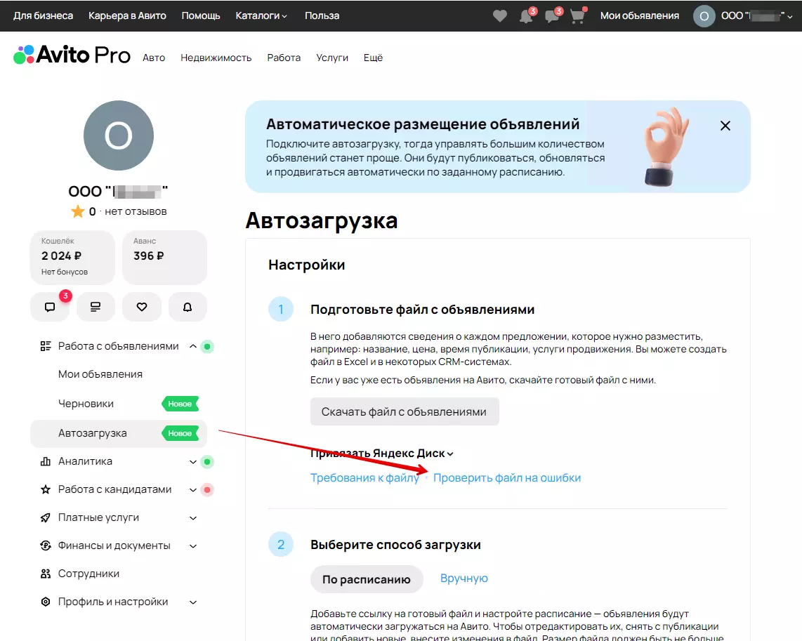 Раздел автозагрузки Avito Pro с подготовкой и проверкой файла