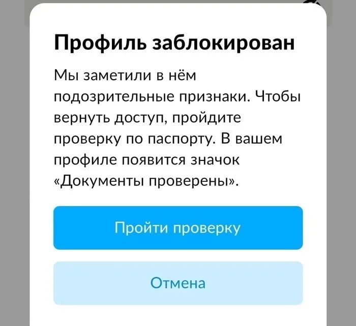 Уведомление Авито о блокировке профиля с предложением пройти проверку