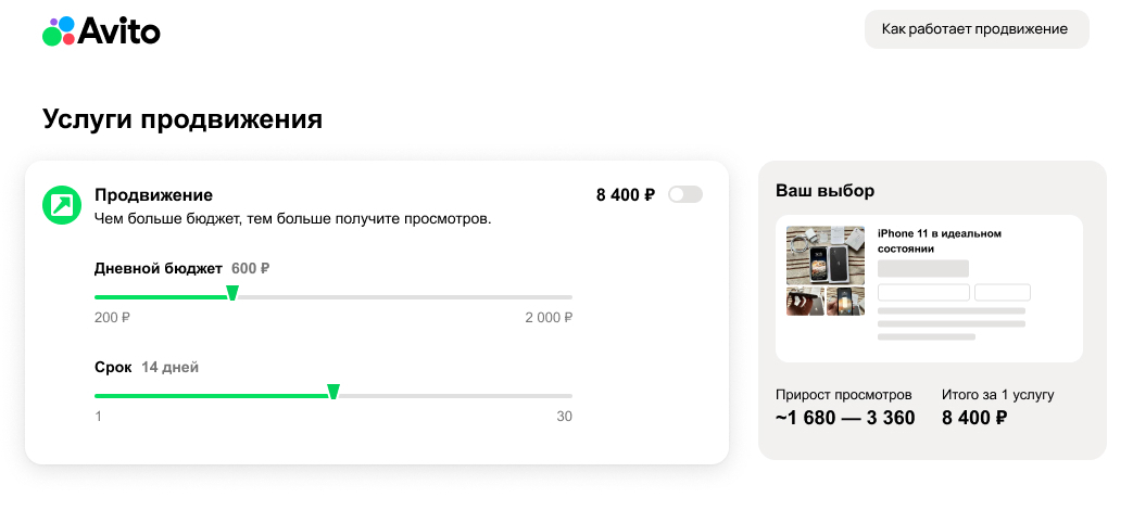 Настройка дневного бюджета продвижения на Авито
