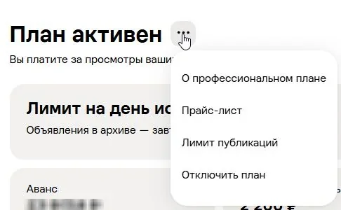 Авито: Профессиональный план, меню с пунктом Лимит публикаций